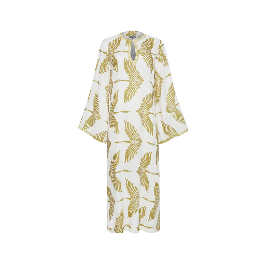 Wings Embroidered Long Kaftan - Beige/Green