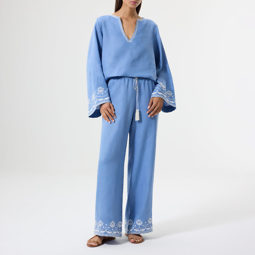 Bloom Embroidered Pants - Blue