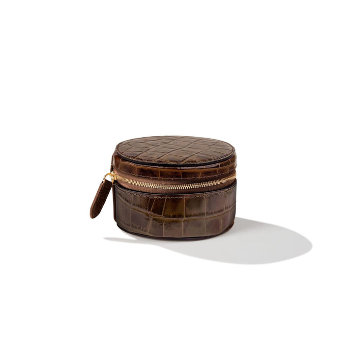 Crocodile Effect Leather Round Accessory Box - Small