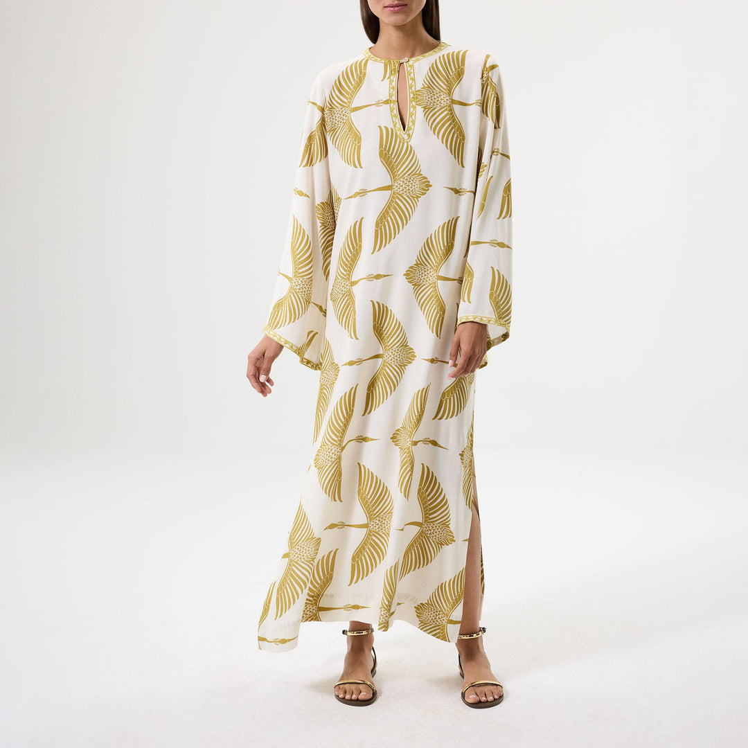 Wings Embroidered Long Kaftan - Beige/Green