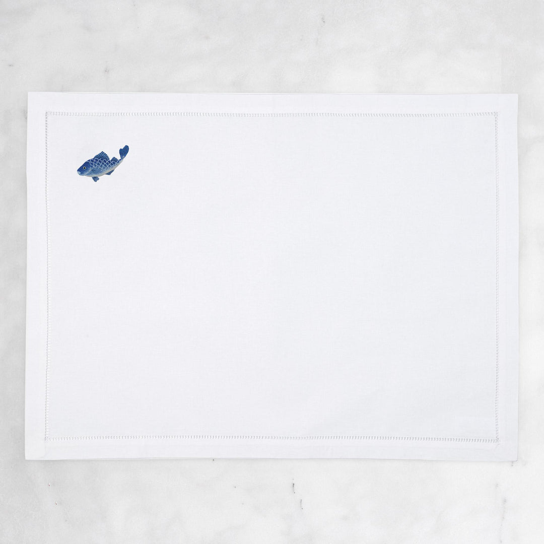 Fish Embroidered Placemat - White/Blue