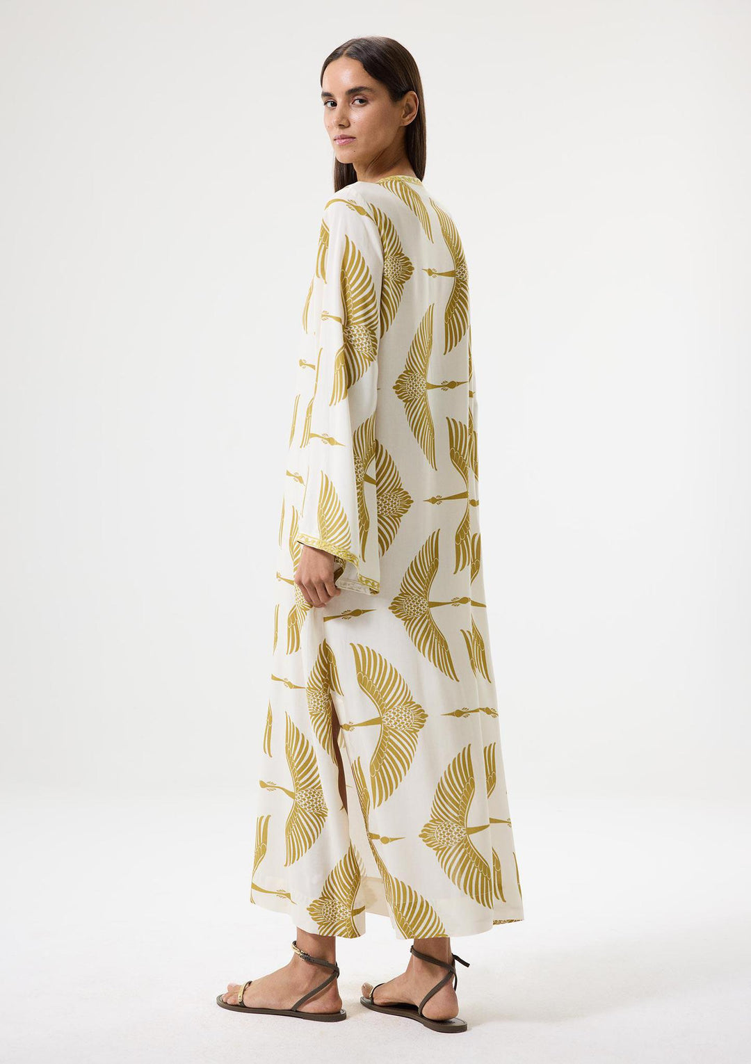 Wings Embroidered Long Kaftan - Beige/Green