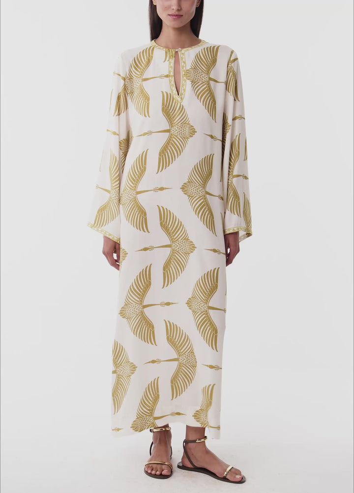Wings Embroidered Long Kaftan - Beige/Green