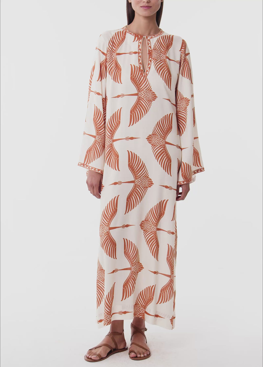 Wings Embroidered Long Kaftan - Beige/Cinnamon