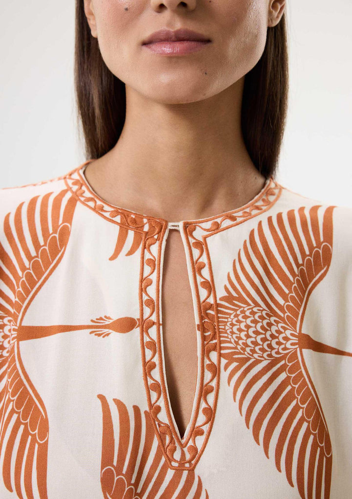 Wings Embroidered Long Kaftan - Beige/Cinnamon