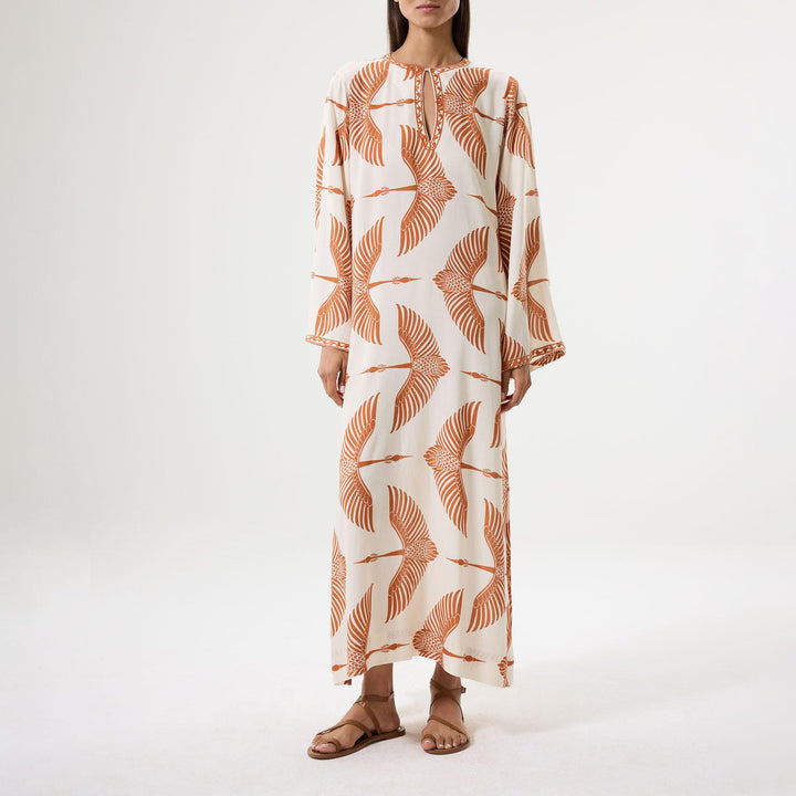 Wings Embroidered Long Kaftan - Beige/Cinnamon