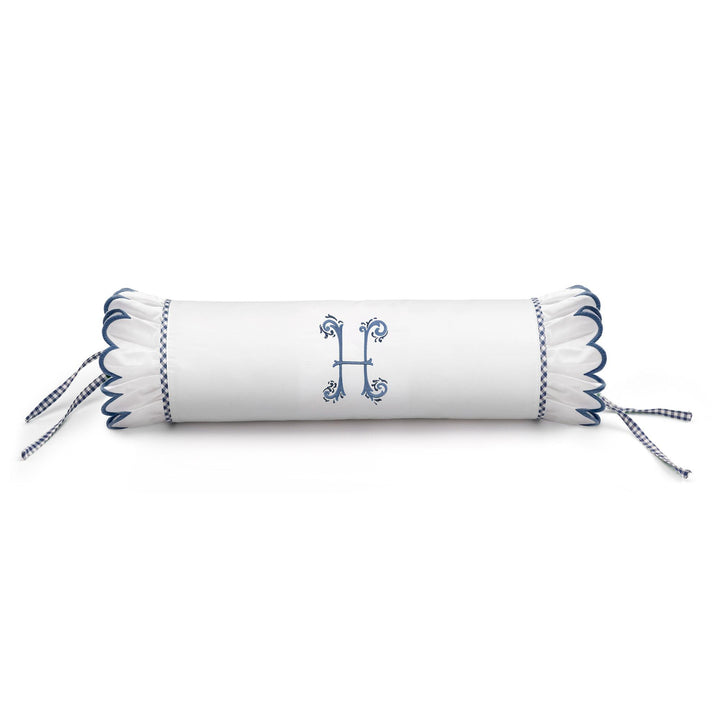 Seferî Flower Garden Bolster Cushion Cover with Monogram Embroidery - Blue