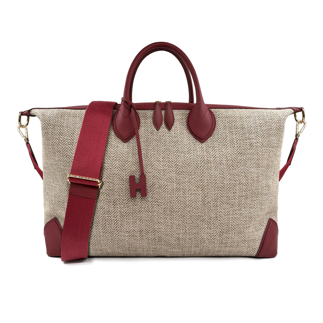 Herringbone Travel Bag - Beige/Burgundy