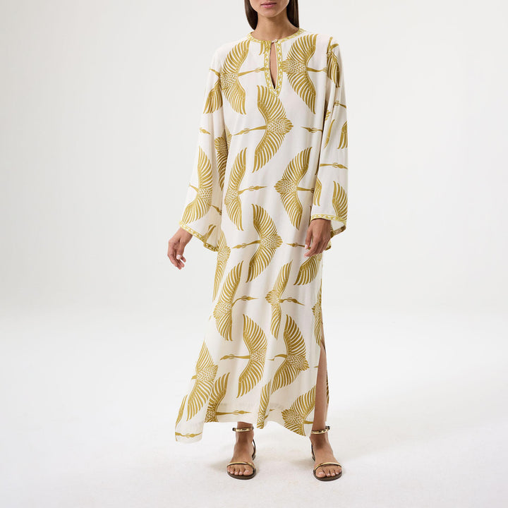 Wings Embroidered Long Kaftan - Beige/Green