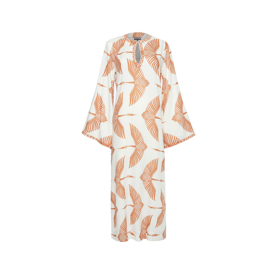 Wings Embroidered Long Kaftan - Beige/Cinnamon