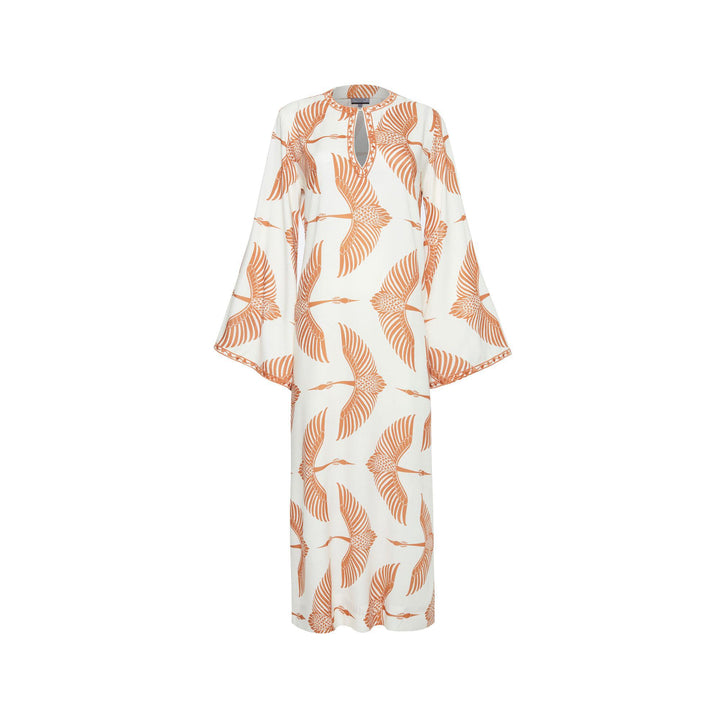 Wings Embroidered Long Kaftan - Beige/Cinnamon