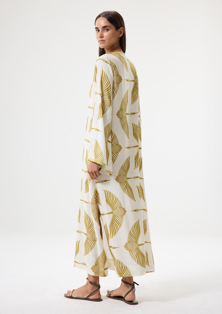 Wings Embroidered Long Kaftan - Beige/Green