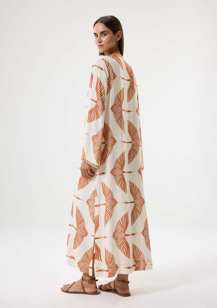 Wings Embroidered Long Kaftan - Beige/Cinnamon