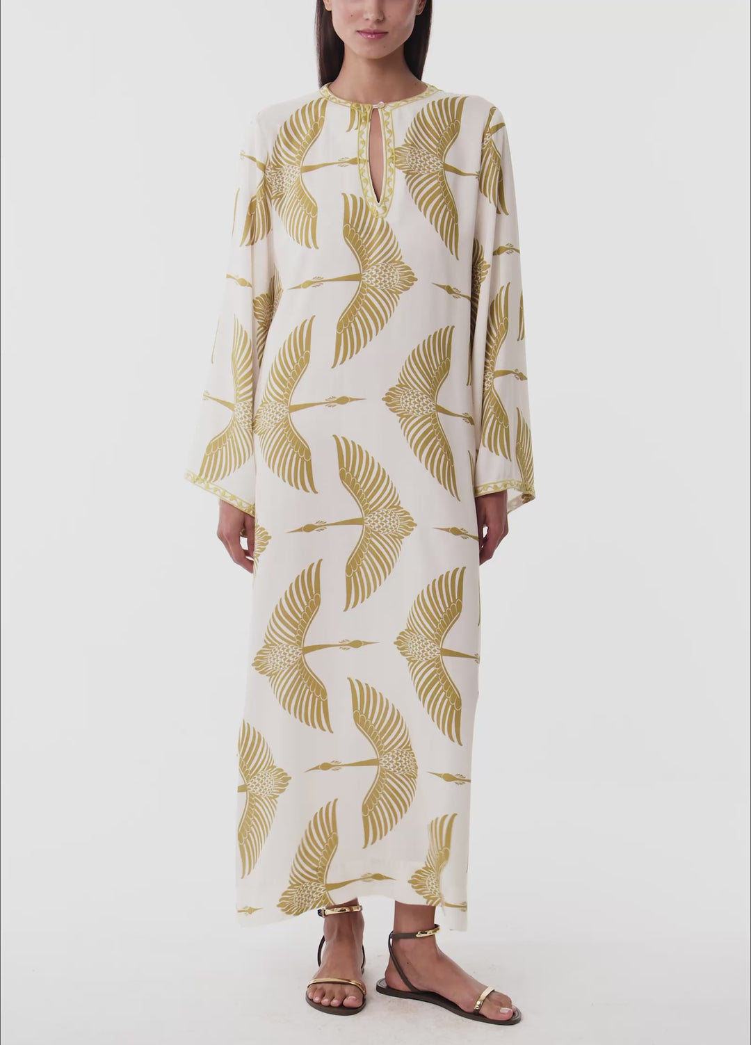 Wings Embroidered Long Kaftan - Beige/Green