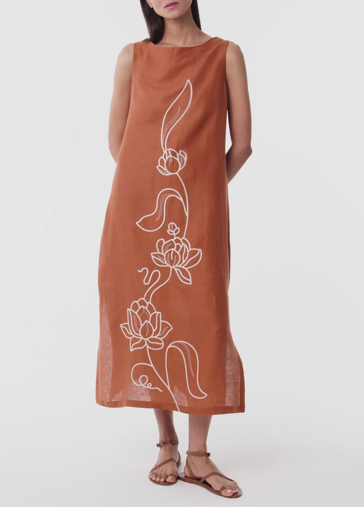Lotus Flow Embroidered Midi Dress